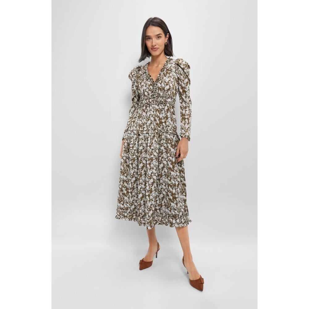 Tuckernuck Hyacinth House Olive Floral Renee Ruffle Midi Dress (Size Large)